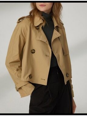 MOTF Premium Cropped Trench Coat Large Button Slide Buckle Cuffs Tan Size Large